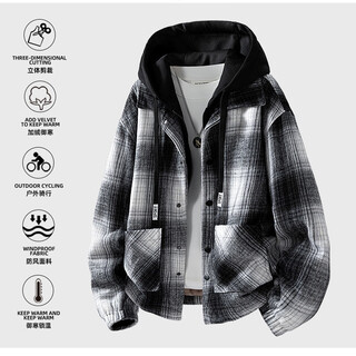 Whim nasa autumn 2025 winter velvet thickened coat men's plaid hooded shirt men's loose youth student trendy sweatshirt black and white plaid plus velvet style xl (130-155jin jin equals 0.5 kg)