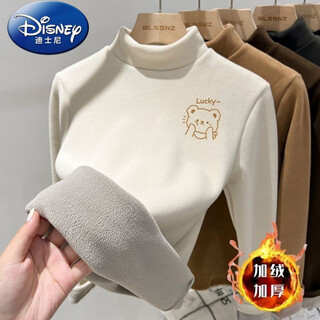 Disney (disney) velvet thickened bottoming shirt for boys and girls, autumn and winter 2025 german velvet half turtleneck long-sleeved t-shirt, medium and large children's warm top, apricot color bottoming shirt, doodle bear pattern, thickened 140 cm