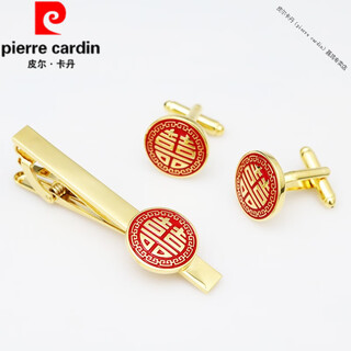 皮尔卡丹（pierre cardin）法国进口品质红色囍领带男免打结新郎结婚懒人正装西服商务新潮拉 金色圆形双喜字袖扣领带夹套装
