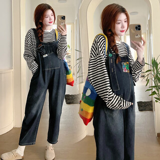 Ranqi mommy denim overalls for pregnant women spring and autumn new harem pants loose jumpsuit korean style long sleeve t-shirt top set denim overalls + striped top (set) l