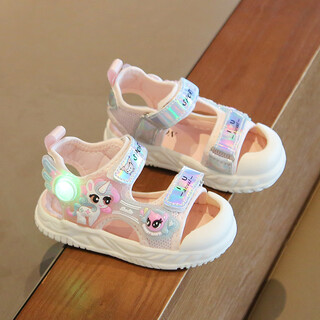 Jingxiang girls sandals velcro flash shoes princess shoes summer new baby shoes baotou soft sole beach shoes cartoon 919 pink 16 inner length 12.5cm