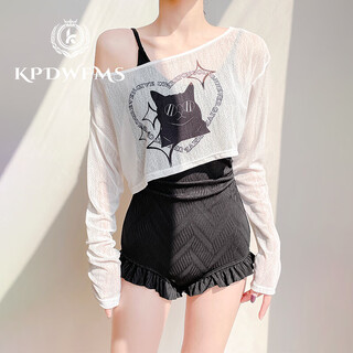 Kpdwfms international brand little fairy conservative new cute cartoon kitten one-piece two-piece long-sleeved cover-up swimsuit for women black m (recommended weight 80-97jin jin equals 0.5 kg)