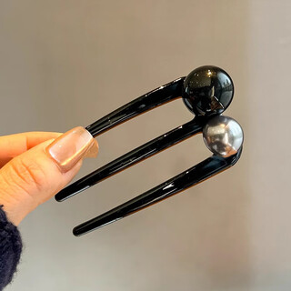 Mansheng japanese and korean high-end three-tooth pearl hairpin for women 2025 new style temperament bun hair on the back of the head with ball hairpin hairpin black