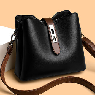 Women's cowhide bag 2024 new fashion bucket mother crossbody bag simple shoulder strap single shoulder women's bag cowhide black three shoulder straps