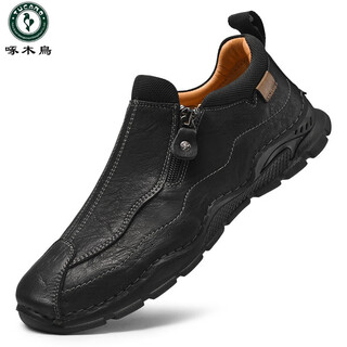 Woodpecker spring and autumn men's shoes genuine leather soft sole side zipper business casual leather shoes slip-on lazy beanie shoes black 39 standard leather shoe size