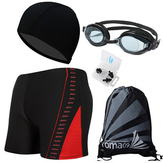 Morten solum men's swimming trunks large size loose boxer swimming trunks hot spring anti-embarrassment swimming trunks manufacturer wholesale black bottom red (swimming trunks + swimming cap + nose clip earplugs + 11 3xl 160-190jin jin equals 0.5 kg