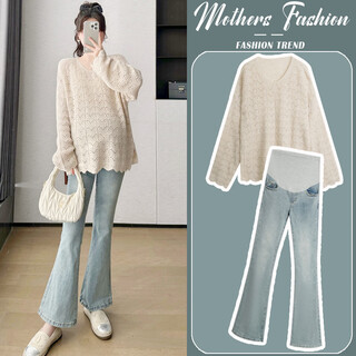Mom's true color maternity suit 2025 new style loose and slim long-sleeved v-neck sweater tops and pants spring and autumn two-piece set light blue jeans (3024a-3301) l
