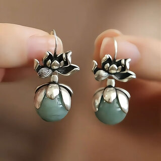 Dl 1998 fat donglai quality chinese jade earrings retro lotus 925 silver jasper new national style female niche design sense retro lotus earrings