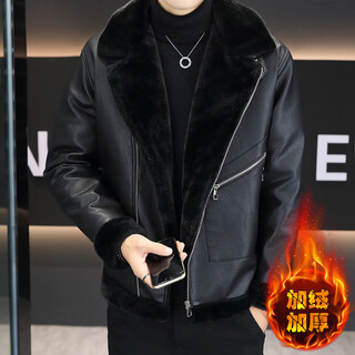 Falling fur all-in-one jacket men's autumn and winter style lapel jacket handsome plus velvet thickened leather jacket men's warm cotton coat black plus velvet thickened xl 110-130jin jin equals 0.5 kg