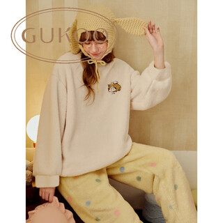 Gukoo pajamas women's winter puppy series co-branded color polka dot pants simple pullover women's homewear suit d milky white suit m