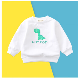 宝宝卫衣纯棉薄款男童长袖连帽打底儿童婴儿上衣春秋小童白色t恤 圆领恐龙白色_绿恐龙 80 建议5-12个月