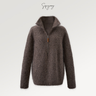 Siqiyoung lazy weekend-mohair blended gold chimney stand collar top simple retro zipper sweater khaki one size f