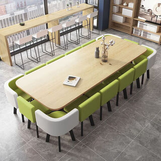 New conference table, simple and modern office desk, training institution reading room, long table, rectangular negotiation table and chair combination, 3.6m white pattern table + yellow and white leather chair, 1 table and 16 chairs