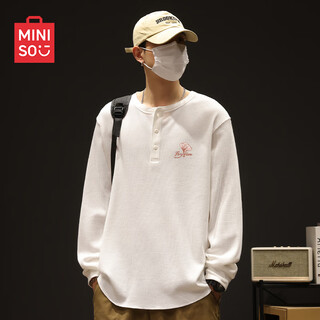 Miniso retro t-shirt men's waffle henry collar long-sleeved bottoming shirt autumn youth hong kong style t-shirt z white l