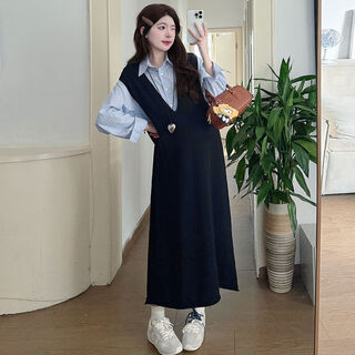 Pregnant women autumn suit 2025 new suit skirt spring and autumn fashionable fashionable shirt top clothes shirt + vest skirt (suit) l (recommended 115-130)