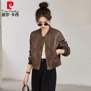 Pierre cardin baseball collar leather jacket women's short style small spring and autumn style korean style motorcycle leather jacket retro slim versatile short style brown b (recommended by the store manager) l 90-105jin jin equals 0.5 kg