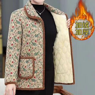 Elderly women's cotton-padded jackets, velvet shirt collar jackets for middle-aged and elderly women, autumn and winter short cotton-padded jackets, corduroy light khaki floral 4xl 130-146jin jin is equal to 0.5 kg within