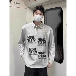 19th autumn american henry collar heavyweight early autumn polo shirt men's long sleeve t-shirt design deconstructed boxy version lapel sweatshirt hemp gray m