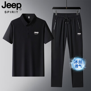 JEEP SPIRITJEEP Fashion Set Men's Summer Ice Silk Non-Seam Short Sleeve POLO Shirt Casual Quick Dry Sports Pants Daddy Outfit Black Top + Straight Trousers jp12357+301 3XL Recommended Weight 160-180Jin [Jin equals 0.5 kg]