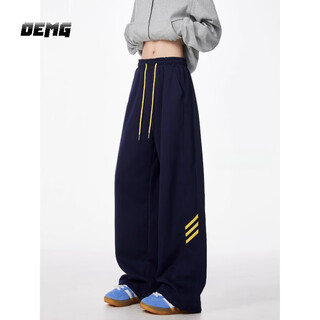 Oemg three stripes casual pants men's 2025 autumn new american fashion brand heavy sports pants loose straight navy blue xl recommended 110-130jin jin equals 0.5kg