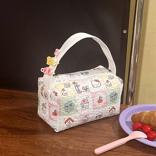 Feiyuega's new cartoon cat portable cosmetic bag, convenient large-capacity cosmetic toiletry bag, cute storage bag for women when going out, plaid cat (no accessories), white