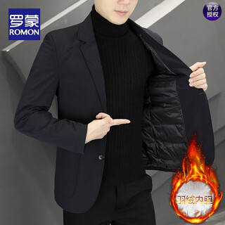 罗蒙（ROMON）秋冬季加厚羽绒西服男潮流韩版休闲帅气百搭修身高级感小西装外套 黑色(90鸭绒内胆) 3XL 165-180斤