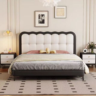 Cun xiaojiang french cream style wavy leather light luxury modern simple thin bedside storage double bed 1.5m soft bed bed + tencel latex and cotton mattress 1.5m*2m (air pressure drawer structure)