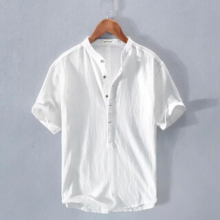 Kuraishi kazuki trendy linen long-sleeved shirt men's american henry shirt breathable high-end stand-collar half-sleeved shirt white xl
