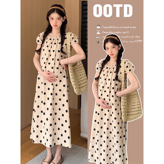 Yezhi maternity wear 2025 new polka dot dress loose belly covering large size long skirt puff sleeve summer thin maternity dress polka dot maternity dress beige l size