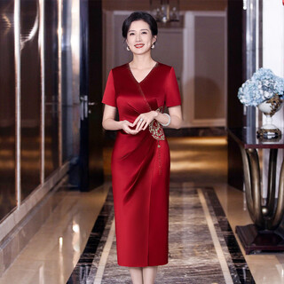 Fumini january mother-in-law wedding dress 2025 new acetate chinese cheongsam noble young wedding mother evening dress burgundy 2xl