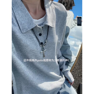 Unicorn cool henry collar polo shirt men's autumn american heavy lapel long sleeve t-shirt loose casual couple outfit gray m