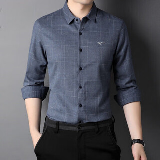 七匹狼长袖男装纯棉纯色格子衬衫男条纹衬衣男休闲商务春秋男爸爸装上衣 Y001灰色 L 175/92A 135-155斤