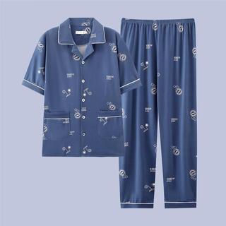 BSTB品牌夏季男士睡衣短袖純棉薄款青少年宽松加大码休闲家居服套装可 G3884蓝色-短袖长裤 L 建议100-120斤