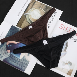 New ice silk underwear men's triangle thong low-waist fashion solid color sexy ultra-thin men's summer underwear thin 2-pack coffee + black m