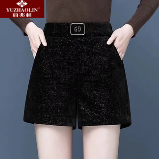 Yu zhaolin (yuzhaolin) chenille high-waisted shorts for women, autumn and winter, a-line, thickened outer wear, fashionable, loose, slimming, wide-leg casual j-boot pants, black, plus velvet, l 105-115jin jin equals 0.5 kg
