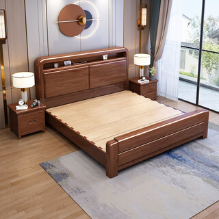 Maiya yuexin chinese style walnut mortise and tenon solid wood bed 1.8 meters double master bedroom modern simple storage economical large bed walnut bed 1800*2000mm mortise and tenon style