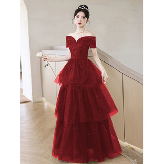 Wutuo red light wedding dress one shoulder bridal toast wear 2025 new style luxurious niche beautiful engagement banquet evening dress burgundy 370 (slight pink shedding) xs