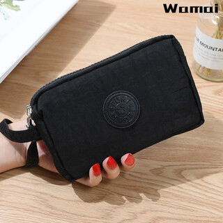 Cute three zipper large capacity clutch bag coin purse key bag large screen mobile phone bag canvas multi-purpose bag women's bag length 17 black