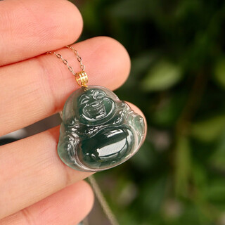 Pool case 18k gold blue water buddha pendant. scarce old blue water. full of ice and rubber properties. natural blue water jade buddha pendant.