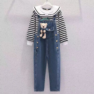 艾诺轮女童裤子秋季6-12岁牛仔背带裤女儿童卫衣中大童背带裤裤子 黑条纹套装【下单送小熊】 170 建议体重105斤左右