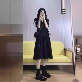 Harudi hepburn style black french v-neck dress for women 2025 new summer style versatile loose trendy long skirt for women black m (95-110jin jin equals 0.5kg)