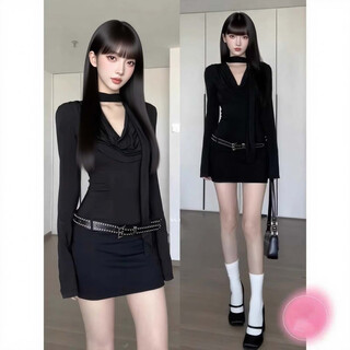 Hot girl in the glimmer black swing collar long-sleeved dress for women autumn slim-fitting royal sister skirt temperament tight waist-covering hip short skirt swing collar long-sleeved dress black with belt s