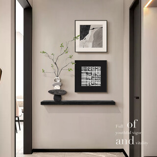 Porch hanging painting facing the entrance door hanging painting living room 2025 new high-end corridor aisle hanging painting minimalist black and white qingqing zijin 40*40*2+85*35 fine carving+green plants high translucent crystal porcelain painting+35mm aluminum alloy black frame