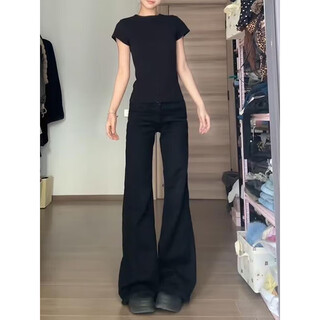 Qumile black non-leg-fitting micro-flared jeans for women summer new high-waist slim small loose wide-leg straight trousers black m recommended 90-110jin jin equals 0.5 kg