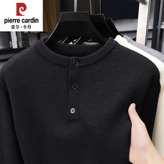 Pierre cardin henry collar sweater t-shirt men's long-sleeved autumn new jacquard inner layering shirt three-button round neck men's wool t-shirt black m 105