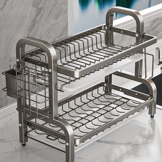 Mppmck dish storage rack kitchen multi-functional storage rack household stainless steel dish rack dish drainer bowl and chopsticks storage box double layer 33cm gun gray