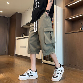 奥计过膝短裤军绿色工装男夏季冰丝凉感七分裤子男潮牌宽松休闲哈伦运 679军绿 L 约120-140斤可穿
