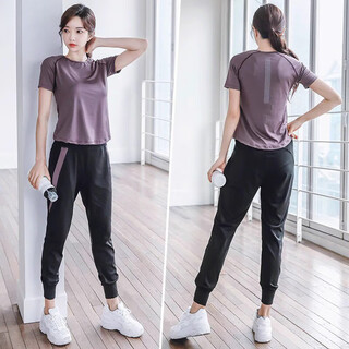 Nobana fitness sports suit pilates women's loose long-sleeved sports running quick-drying clothing breathable yoga practice clothing purple short-sleeved + purple trousers m