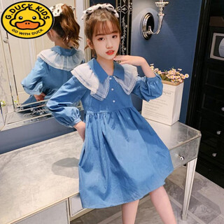 G.duck girls dress spring and autumn 2024 new medium and large children korean style long-sleeved denim skirt girl fashionable princess dress blue 140 recommended height 130-140cm age 8-9 years old