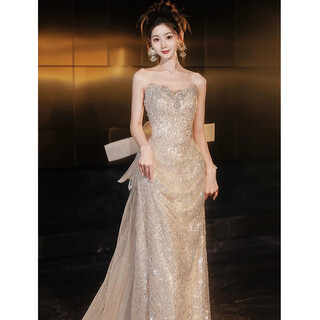 Wenmi toast wear tube top 2025 new bridal feeling champagne color evening gown light luxury niche french annual party engagement fishtail champagne color long xl
